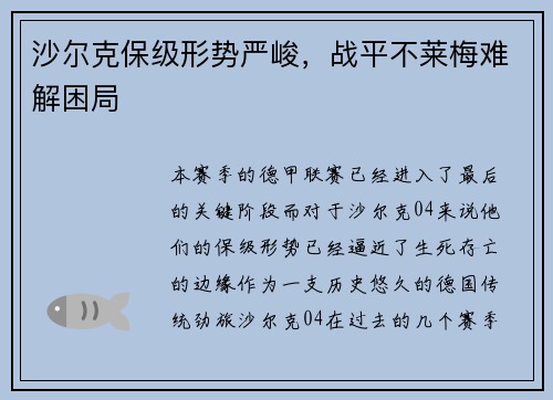 沙尔克保级形势严峻，战平不莱梅难解困局